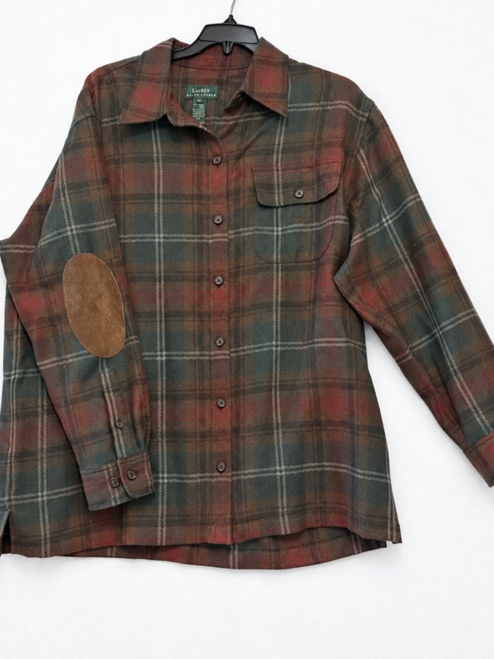 Lauren Polo Ralph Lauren 100% Wool Plaid Button Up Leather Elbow Patch Women's L